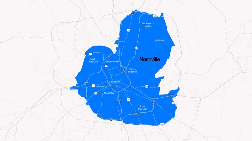 The area over Nashville that Waymo cars will be able to pick up and drop off passengers