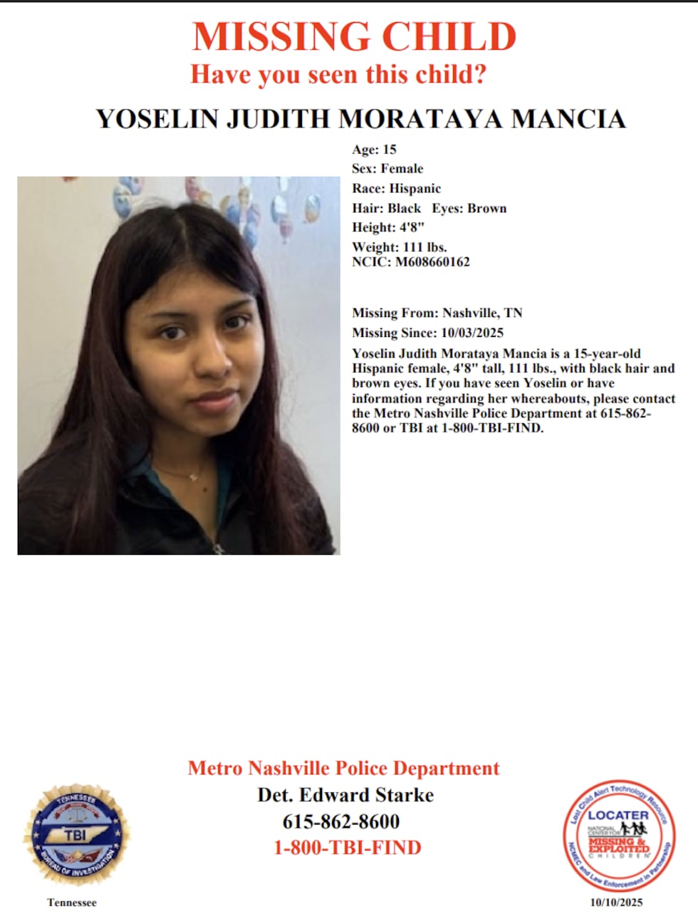 TBI elaboró una publicación en el 2025 en un intento por encontrar a la menor.