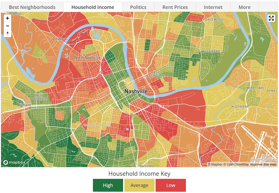 Un mapa del sitio web bestneighborhood.org muestra cómo varían los ingresos familiares en los...