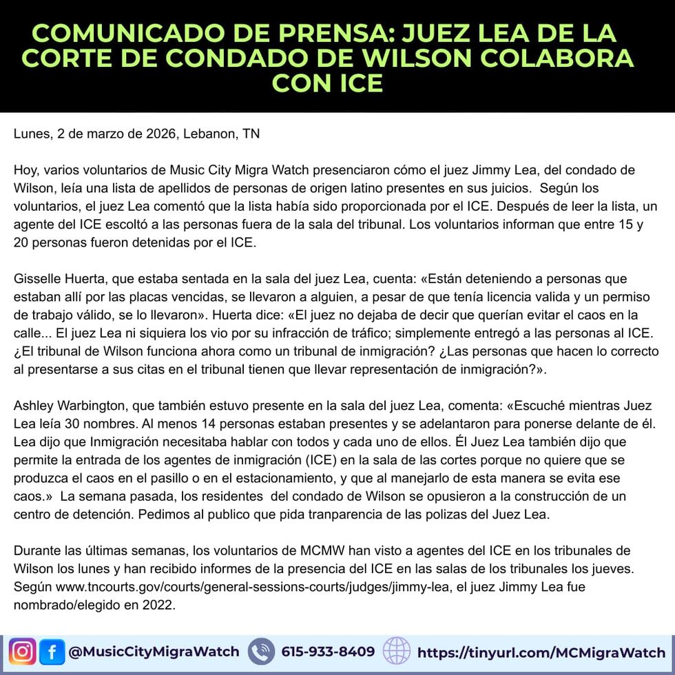Comunicado de prensa de Music City Migrawatch por las detenciones en la corte del condado de...