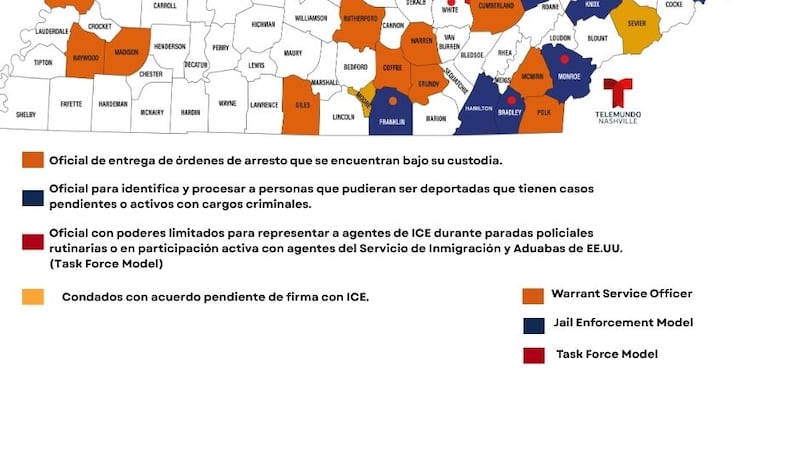 Condados en Tennessee con acuerdos de participación en el 287(g) al 17 de octubre del 2025.