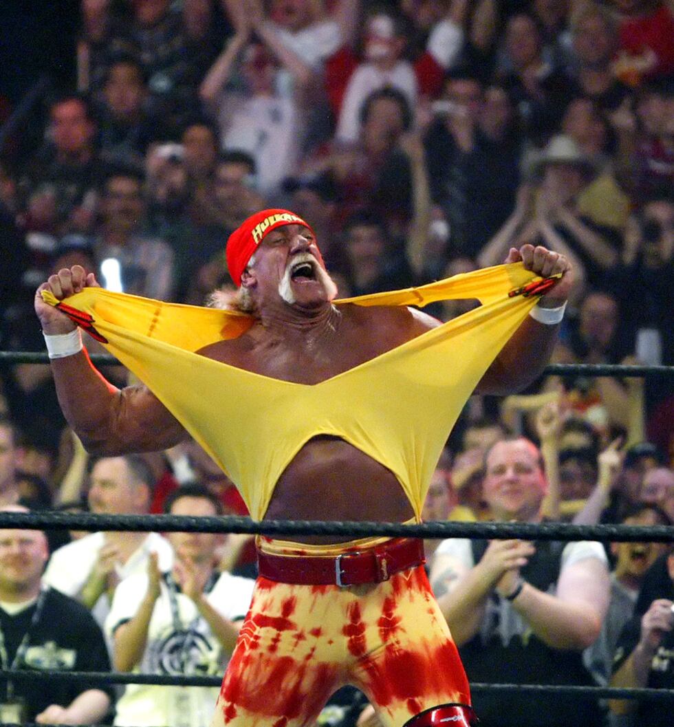 FILE - Hulk Hogan fires up the crowd between matches at WrestleMania 21 at the Staples Center...