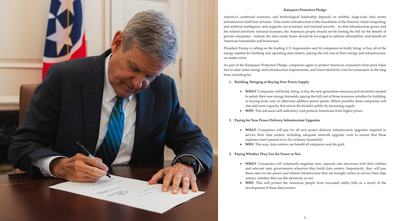 Tennessee governor signs Trump’s pledge to prevent Americans from ‘footing the bill’ of data...