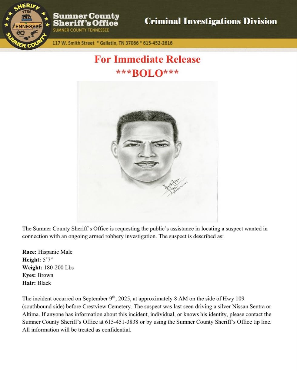 Sketch released of man accused in armed robbery on TN highway near cemetery