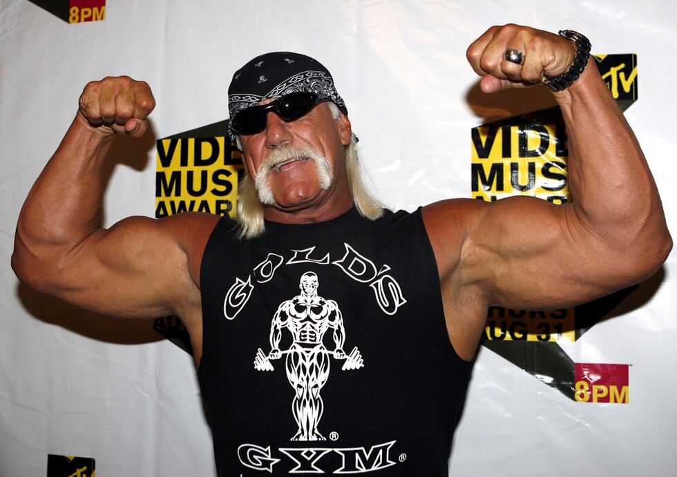 FILE - Hulk Hogan poses during the MTV Video Music Awards Forum at Radio City Music Hall, Aug....