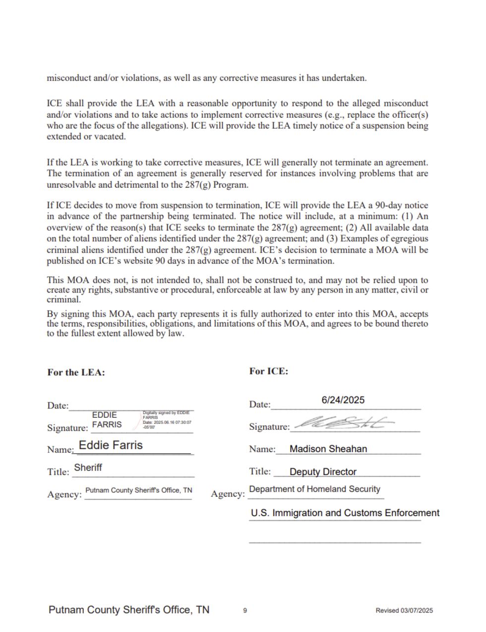 Acuerdo 287 (g) Condado Putnam "Task Force Model" firmado por la oficina del Sheriff Eddie...