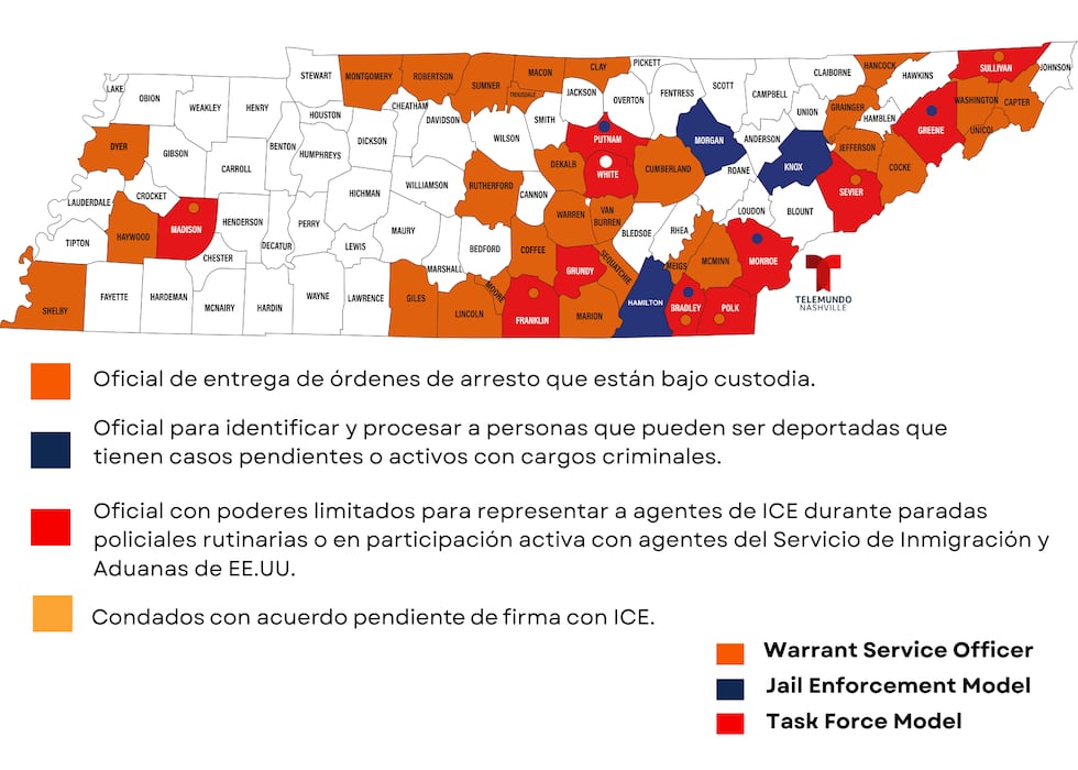 Condados trabajando con el programa 287(g) en Tennessee al 17 de enero del 2026.