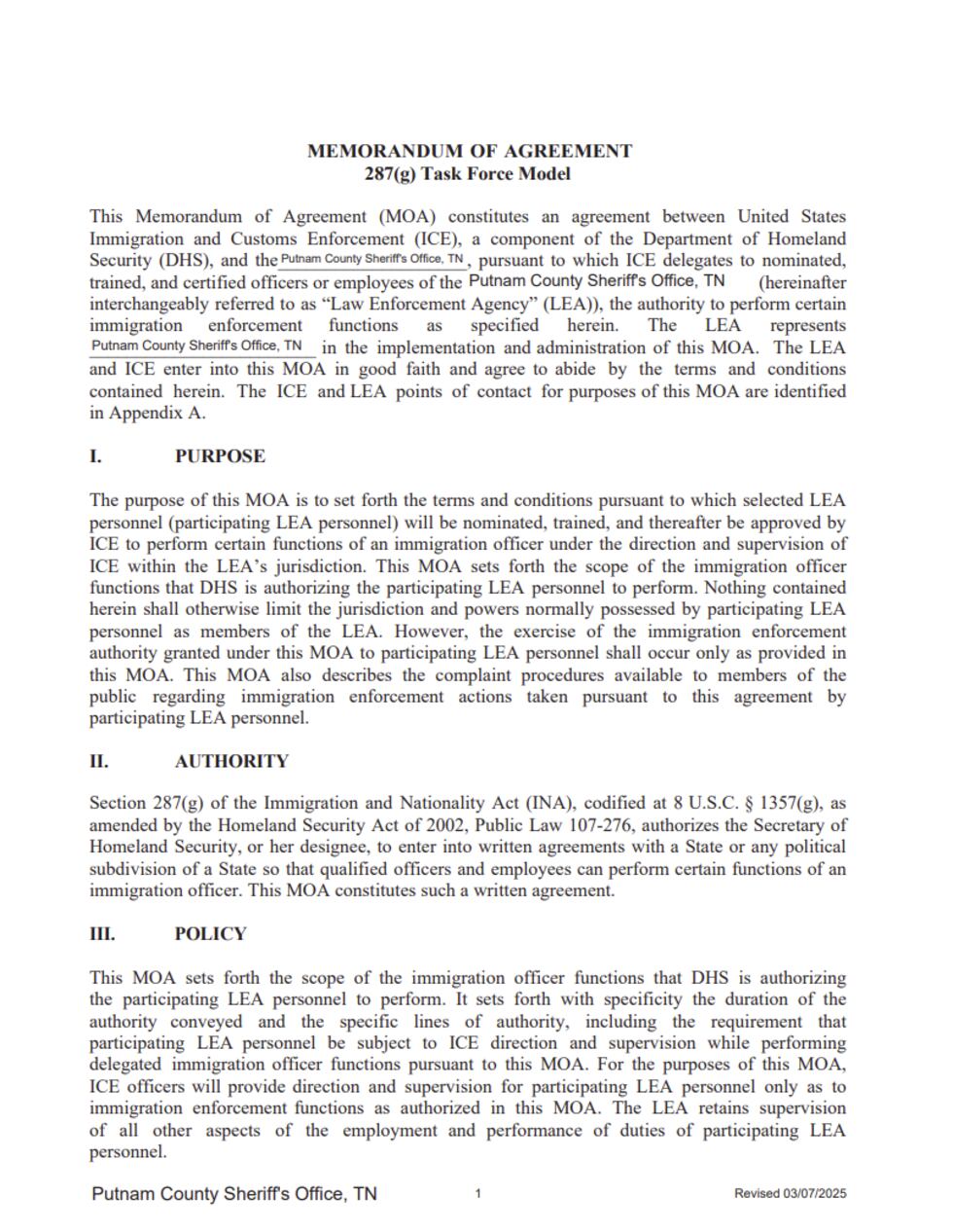 Acuerdo 287 (g) Condado Putnam "Task Force Model" firmado por la oficina del Sheriff Eddie Farris