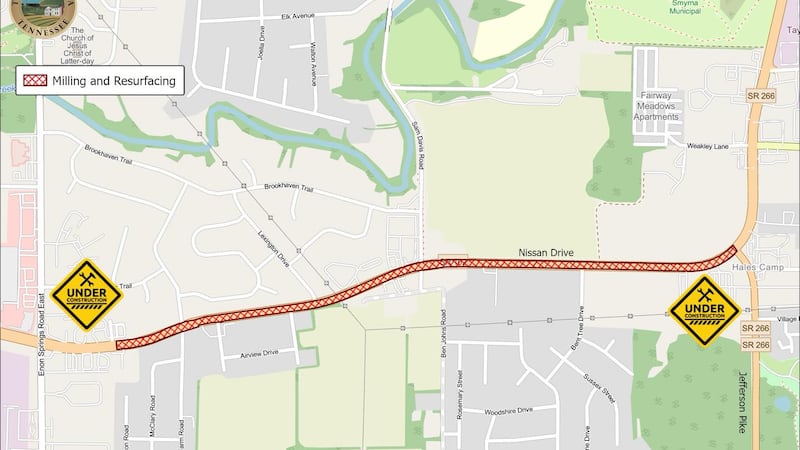 Milling and resurfacing will start Monday on Nissan Drive from Jefferson Pike to Brackin...