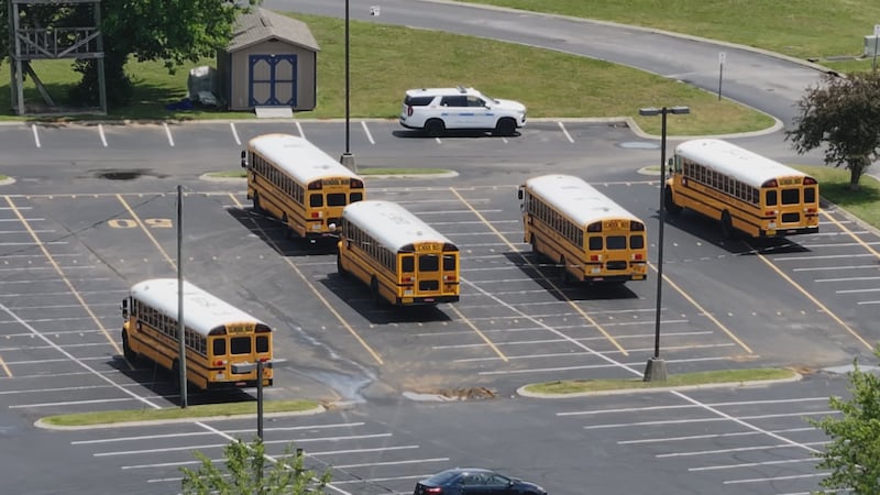 Police cars were parked around Antioch High School on Monday morning even after police...