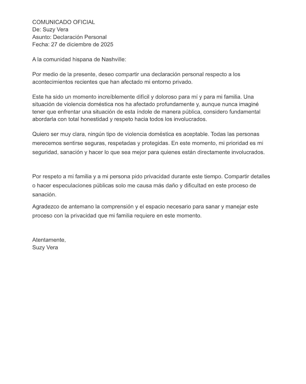Comunicado oficial enviado por Suzy Vera en relación con el reporte de violencia doméstica.