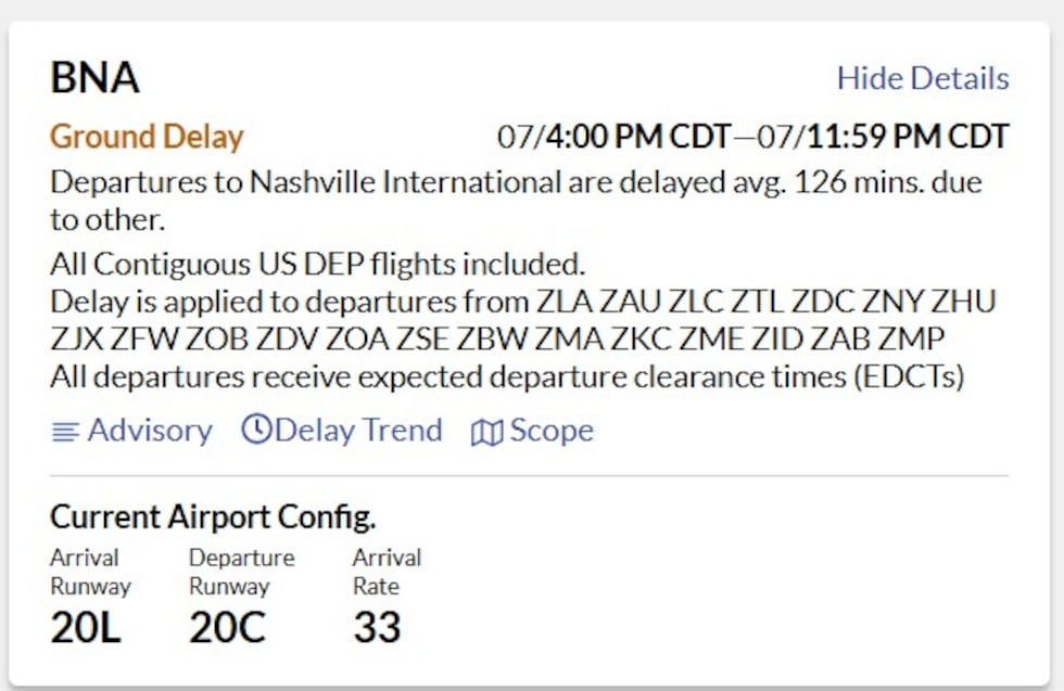 Ground Delay issued at Nashville airport as FAA reduced flights due to air traffic controller...