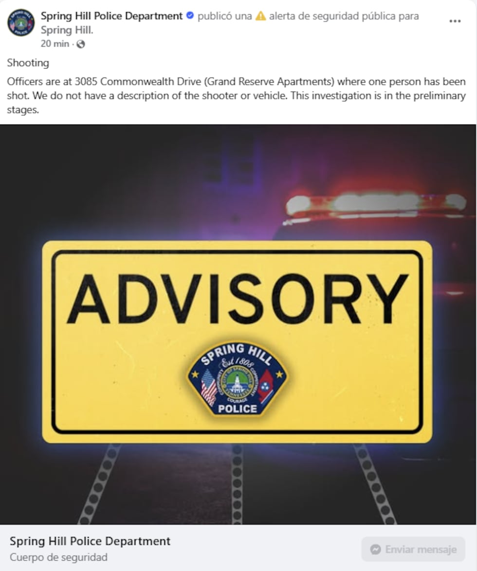 Policía de Spring Hill investiga un tiroteo en los Apartamentos Grand Reserve