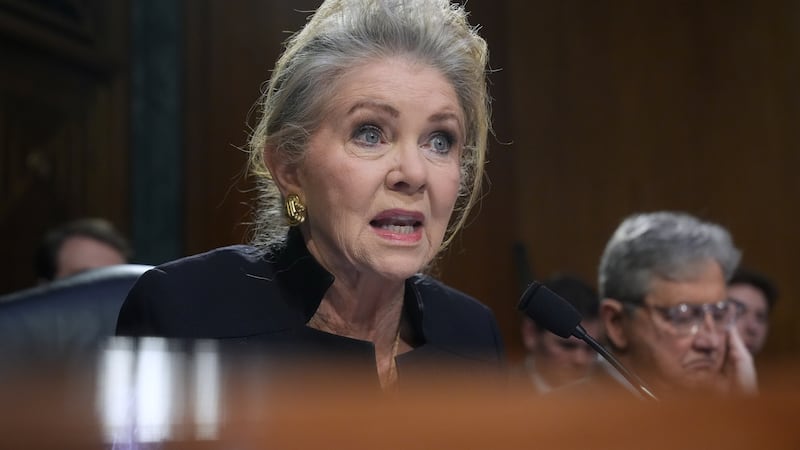 Sen. Marsha Blackburn, R-Tenn., questions Homeland Security Secretary Kristi Noem, as she...
