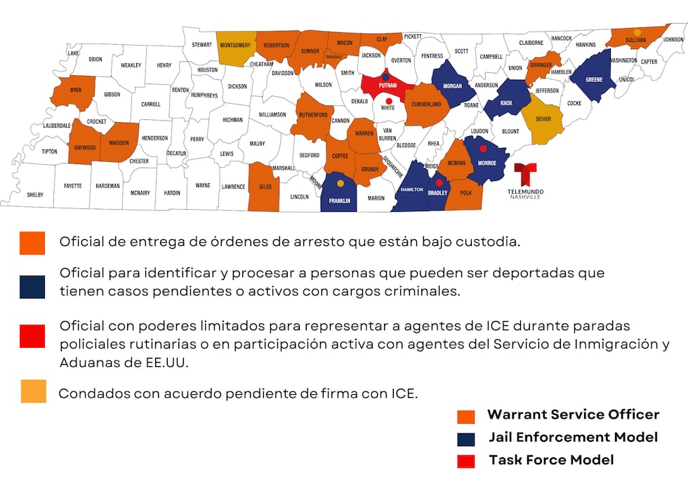 Condados en Tennessee con acuerdos bajo el programa 287(g) al 8 de octubre del 2025.