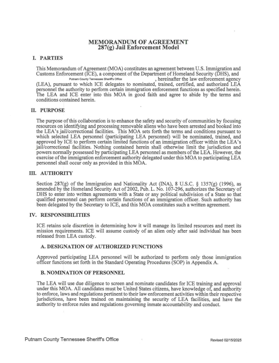 Acuerdo 287 (g) Condado Putnam