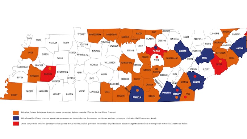Condados en Tennessee operando bajo el programa 287(g) hasta el 27 de diciembre del 2025.