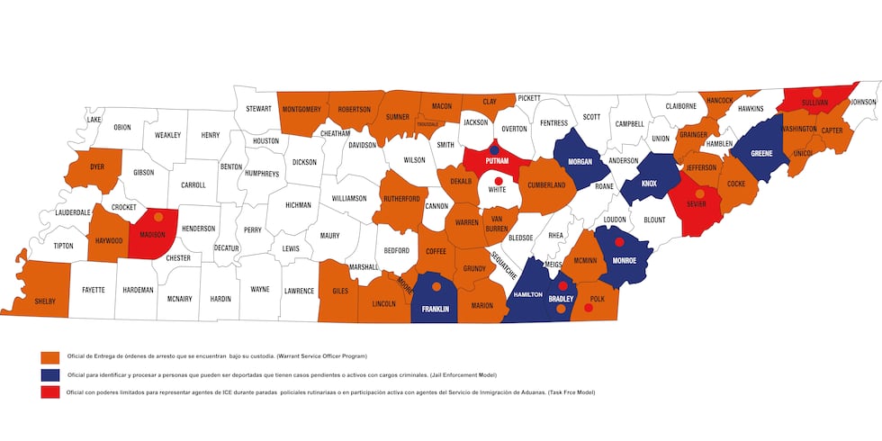 Condados en Tennessee operando bajo el programa 287(g) hasta el 27 de diciembre del 2025.