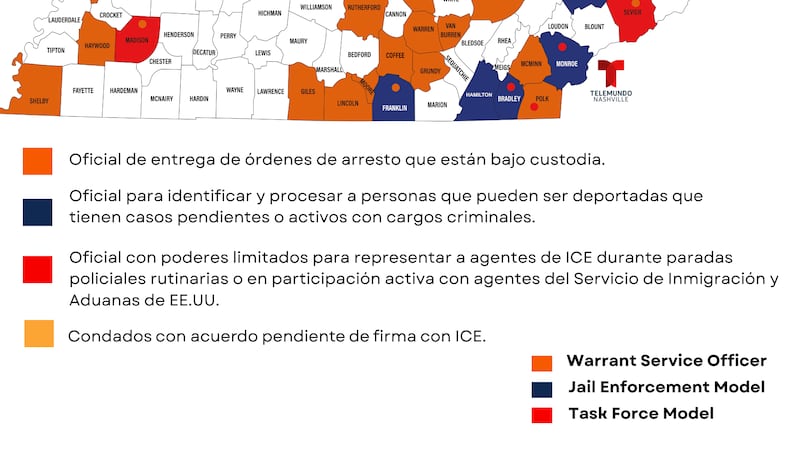 Mapa de los condados en Tennessee operando bajo el modelo 287(g) al 22 de noviembre del 2025.