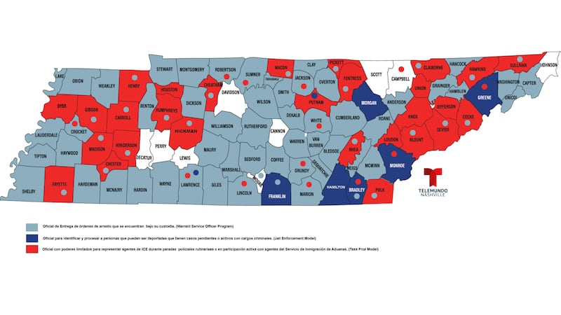 Condados en Tennessee que operan bajo el programa 287(g) al 21 de septiembre del 2026.